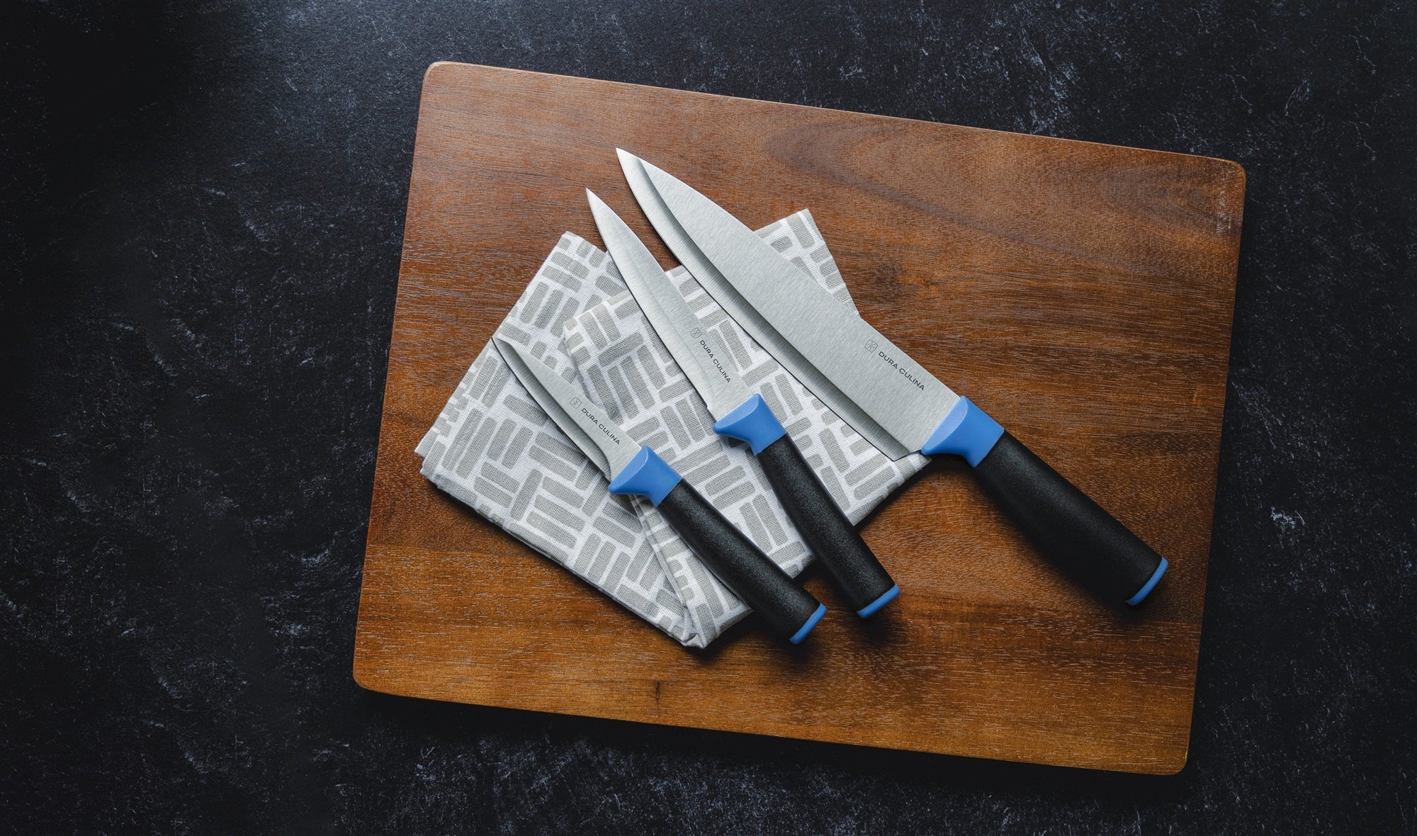 Duo-Grip 3 Piece Kitchen Knife Set With Blade Guards, Blue